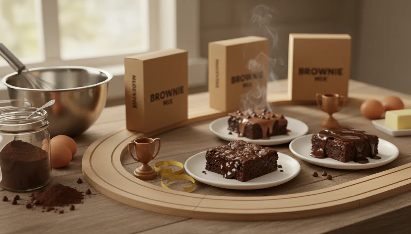 Unbranded boxed brownie mixes beside plated fudgy brownies with crackly tops, chocolate chips and syrup on a warm kitchen counter with baking ingredients and a small trophy