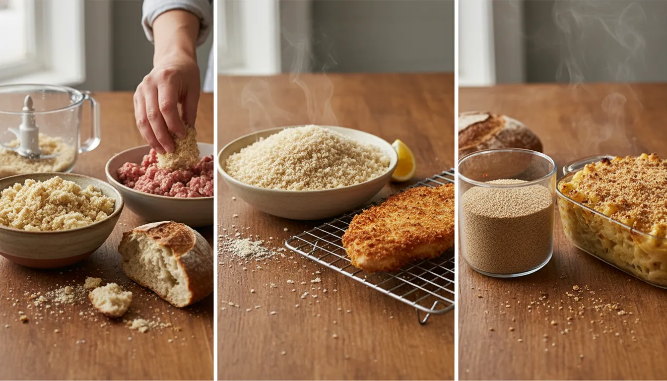 Three types of breadcrumbs: moist fresh crumbs mixed into meatballs, airy panko beside a golden breaded cutlet, and fine store-bought crumbs topping baked mac and cheese on a rustic table