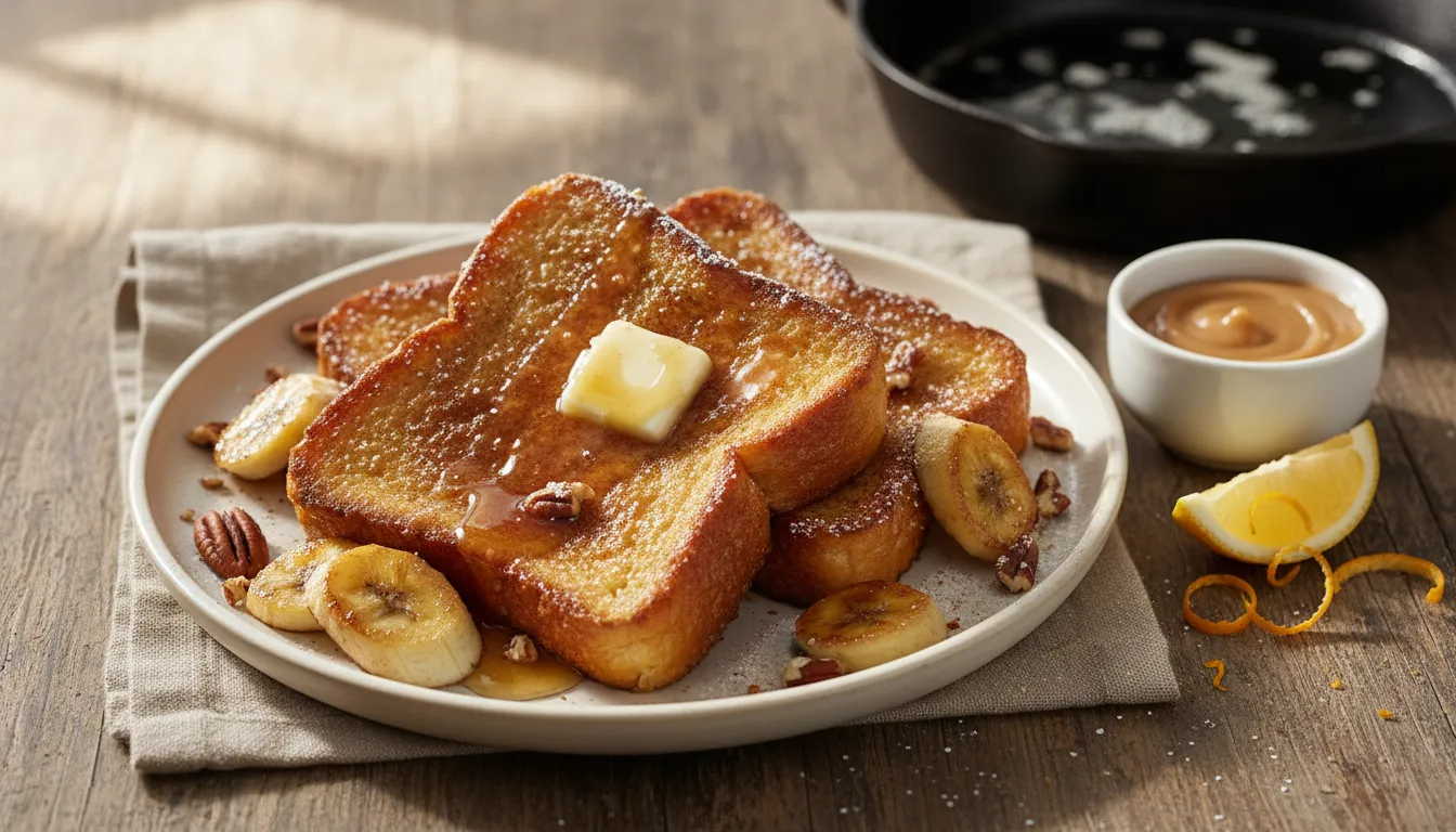 Thick-sliced brioche French toast with glossy maple butter, caramelized bananas, toasted pecans and a cinnamon-sugar dusting on a ceramic plate