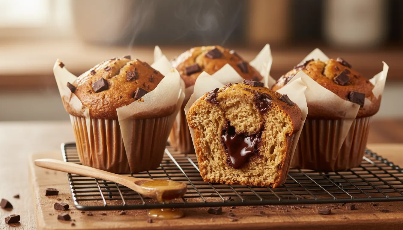 Close-up of tall browned-butter chocolate chunk muffins in folded parchment liners, one cut open to show gooey melted chocolate and tender crumb on a rustic wooden board in warm natural light