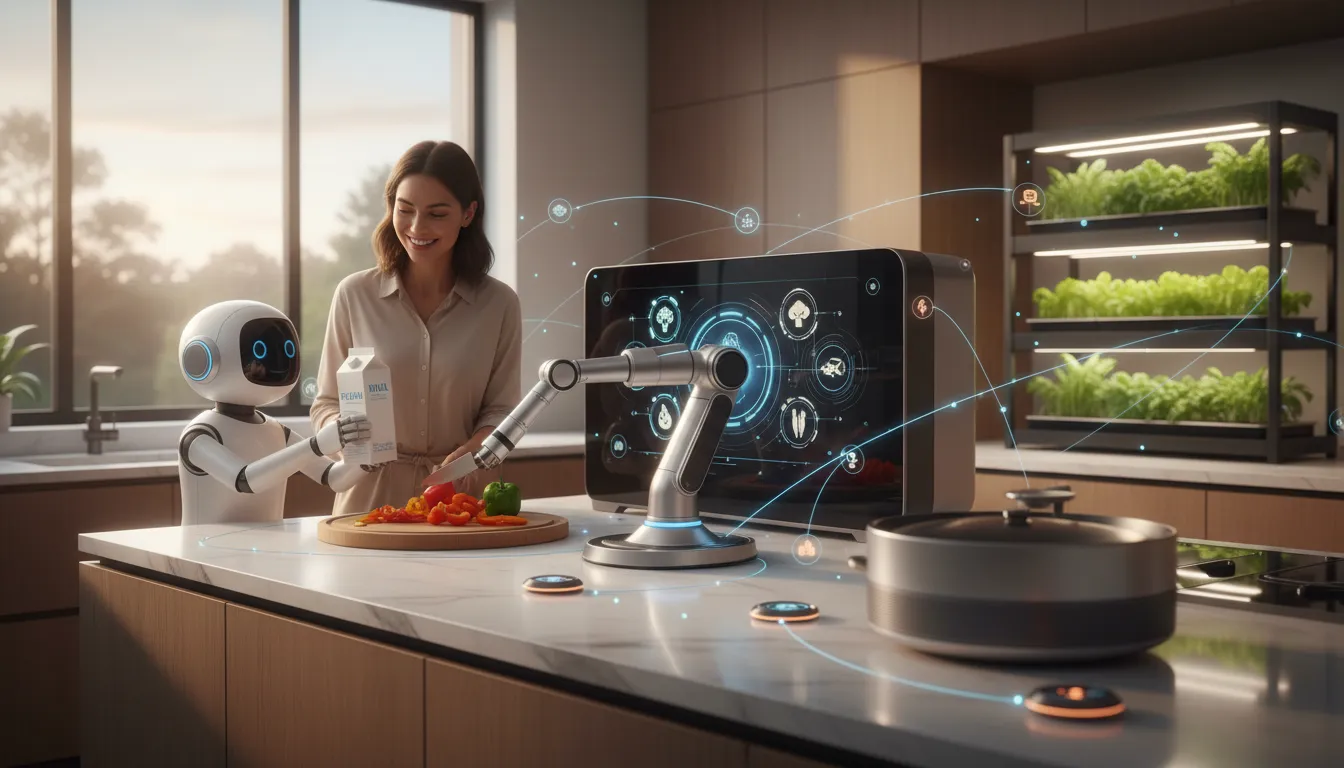 Modern smart kitchen with a robot assistant handing milk to a cook, robotic arm chopping vegetables, a smart oven recognizing ingredients, and a vertical indoor farm module.