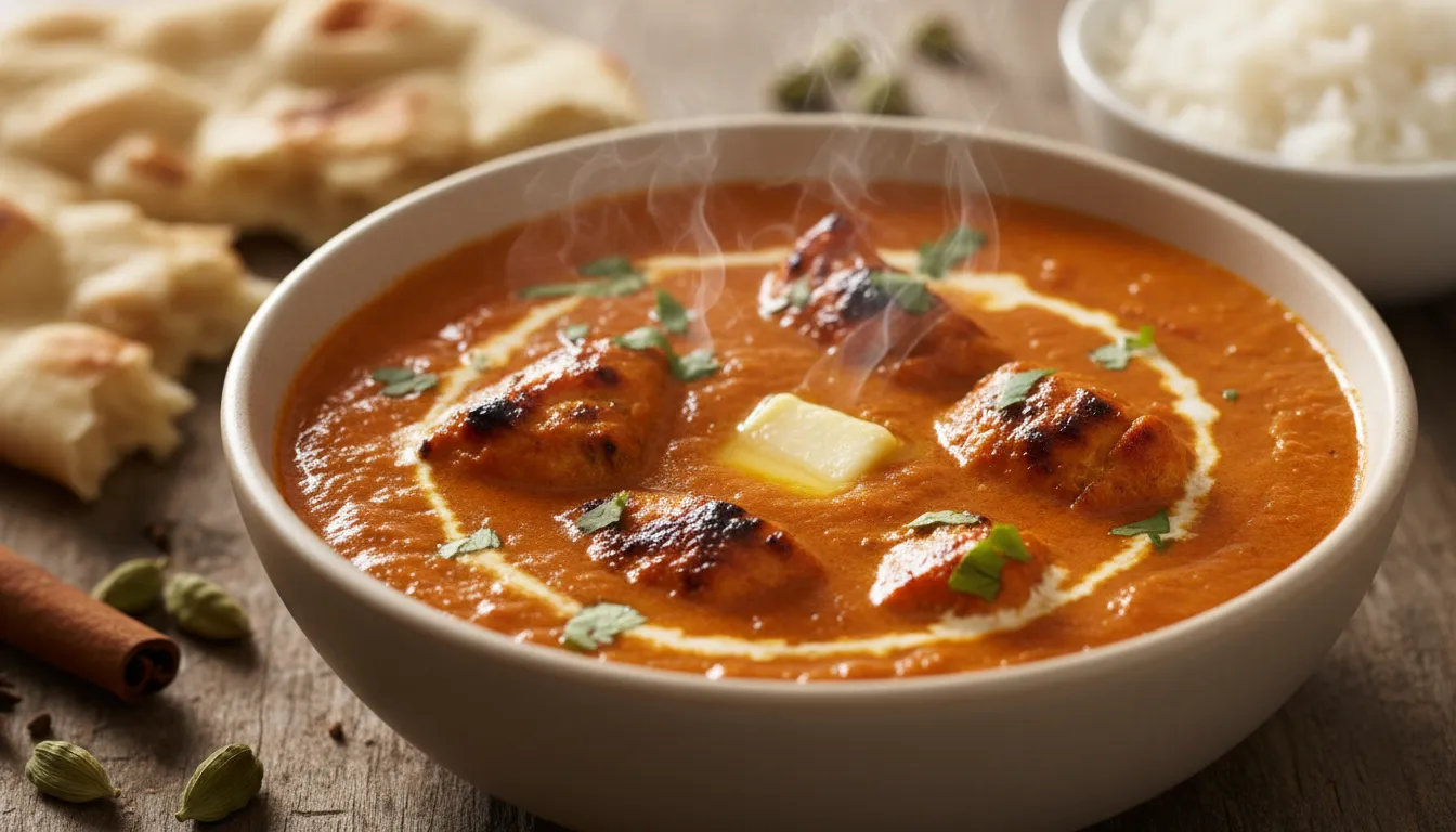 Classic butter chicken in a ceramic bowl with charred chicken, silky tomato-butter makhani sauce, cream swirl, cilantro and torn naan on a wooden table