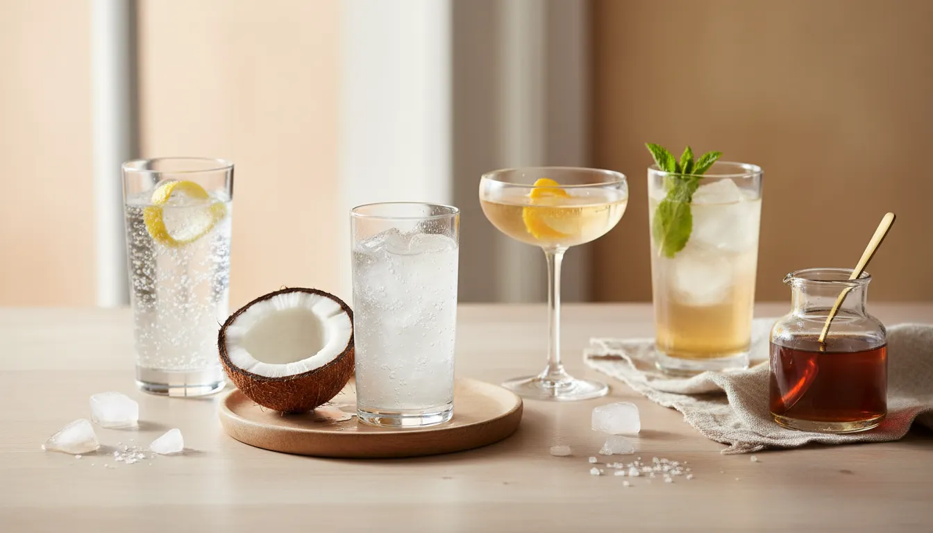 Editorial-style photo of coconut water, tonic water, and tea concentrate with two elegant nonalcoholic mocktails garnished with citrus and mint
