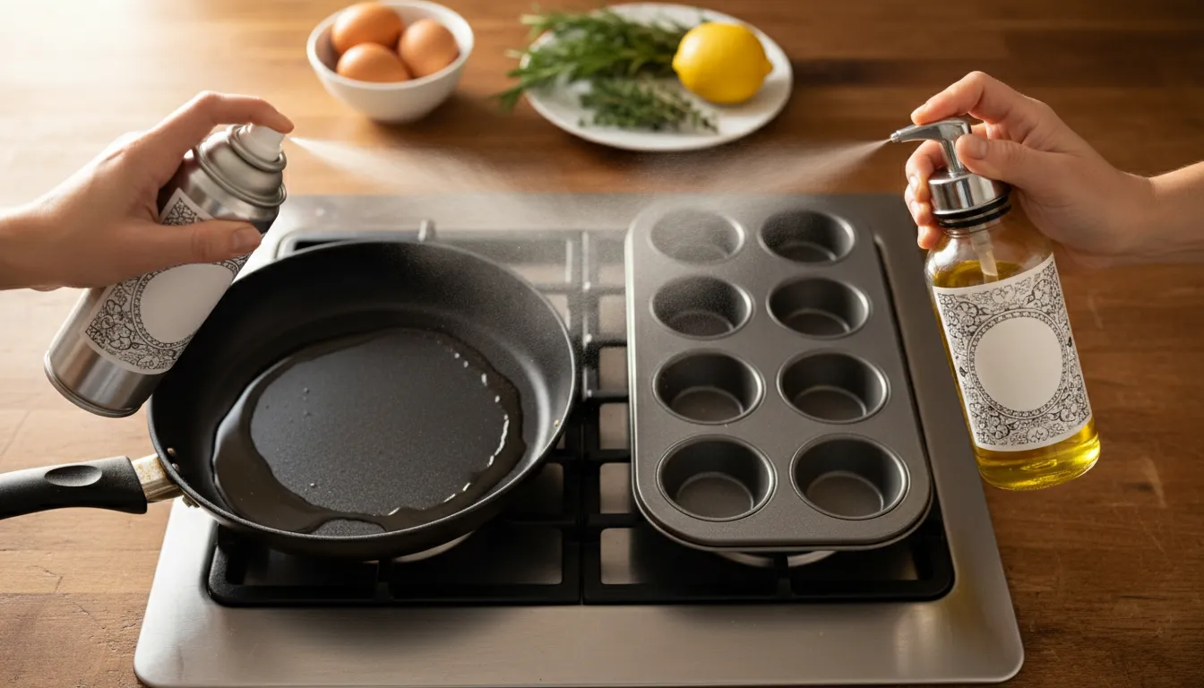 Split kitchen scene: aerosol cooking spray misting a skillet on the left and a pump oil mister coating a baking tin on the right in warm natural light