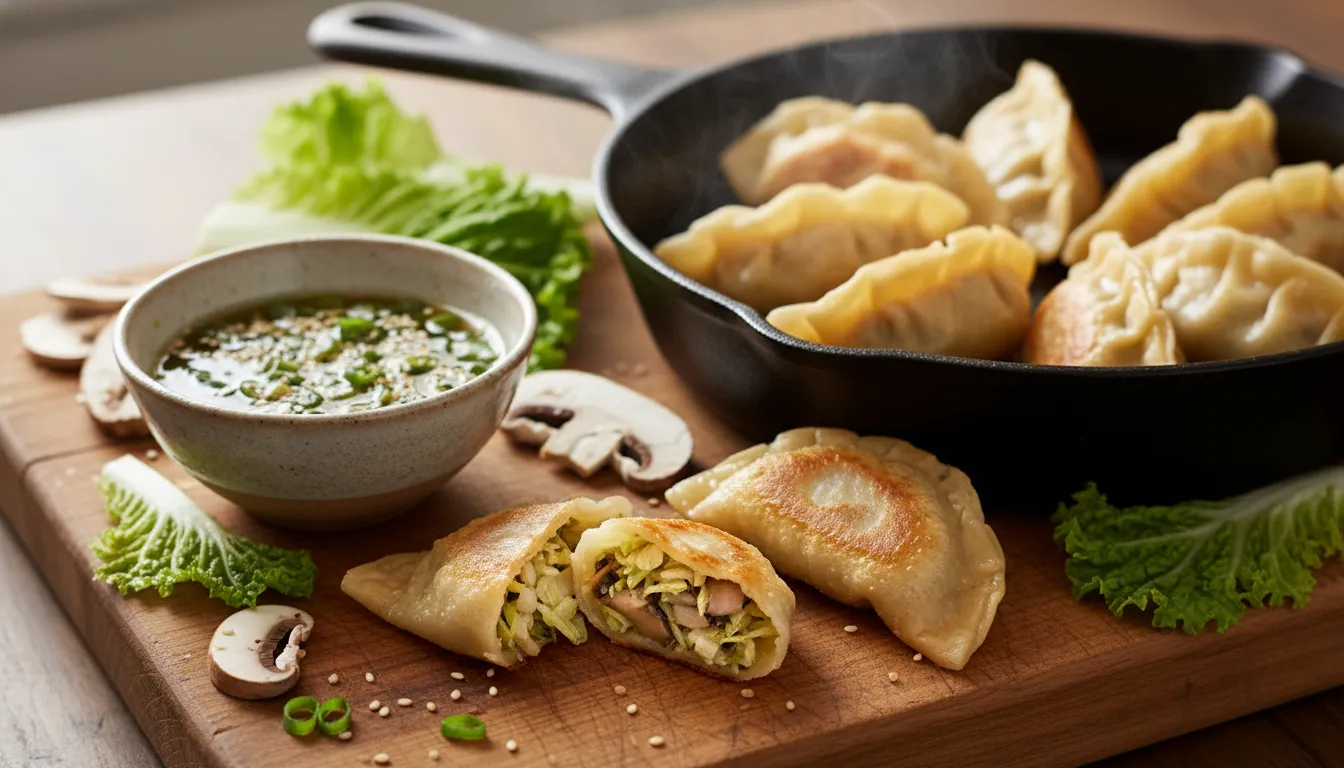 Crispy pan-fried cabbage and mushroom potstickers with scallion dipping sauce