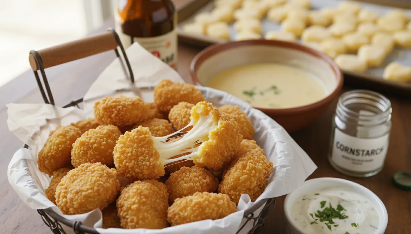Golden crispy fried cheese curds in a rustic basket with a gooey cheese pull, beer batter bowl, jar of cornstarch and a ramekin of herb-speckled ranch dip