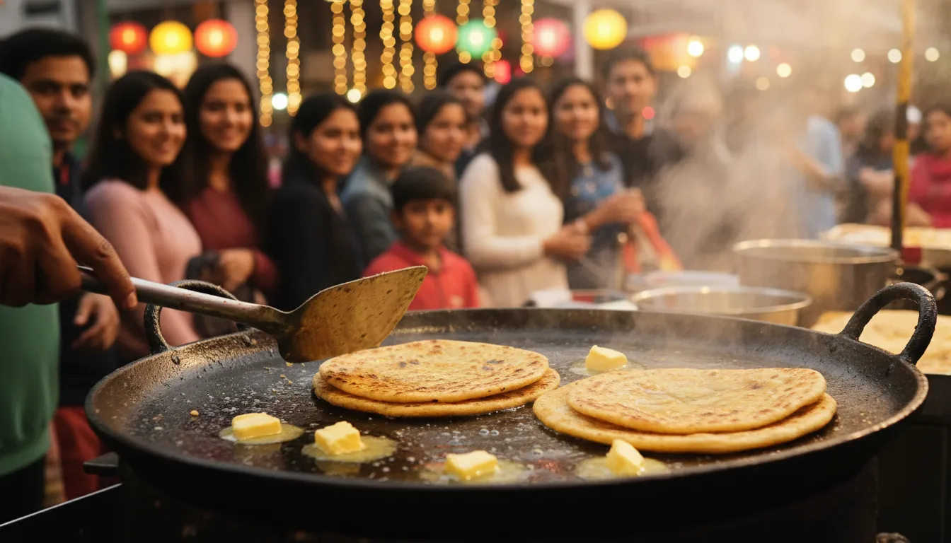 Buttery Delhi parathas sizzling on a hot tawa with melting ghee and a bustling street-stand in warm evening light