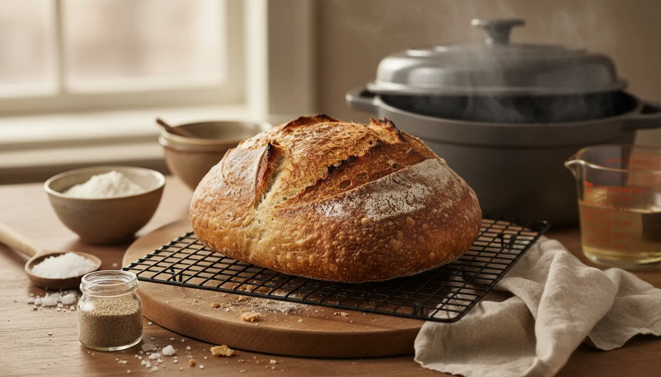 Crusty artisan bread loaf beside an open Dutch oven on a wooden board, with bowls of flour, salt, and water suggesting an easy four-ingredient recipe
