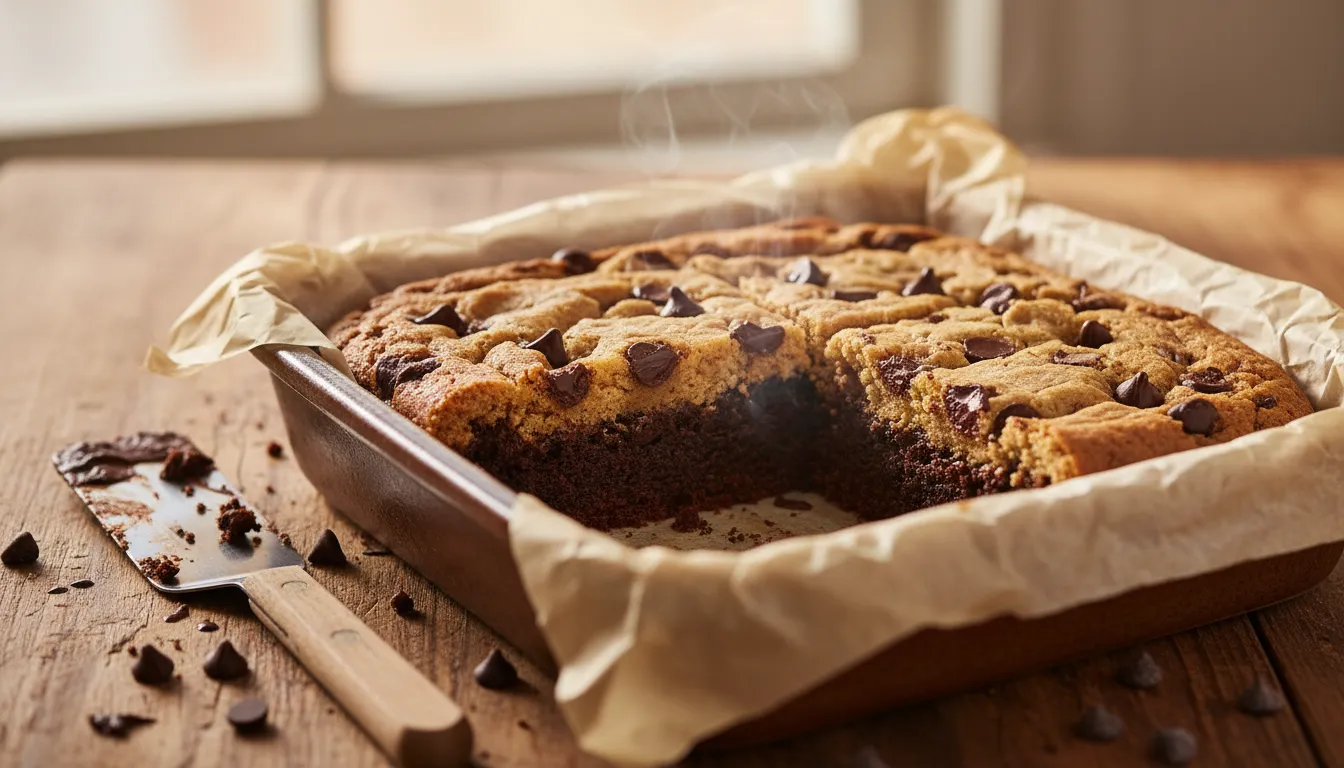 Close-up of sliced brookies with a fudgy glossy brownie base peeking through a golden chocolate-chip cookie top on parchment