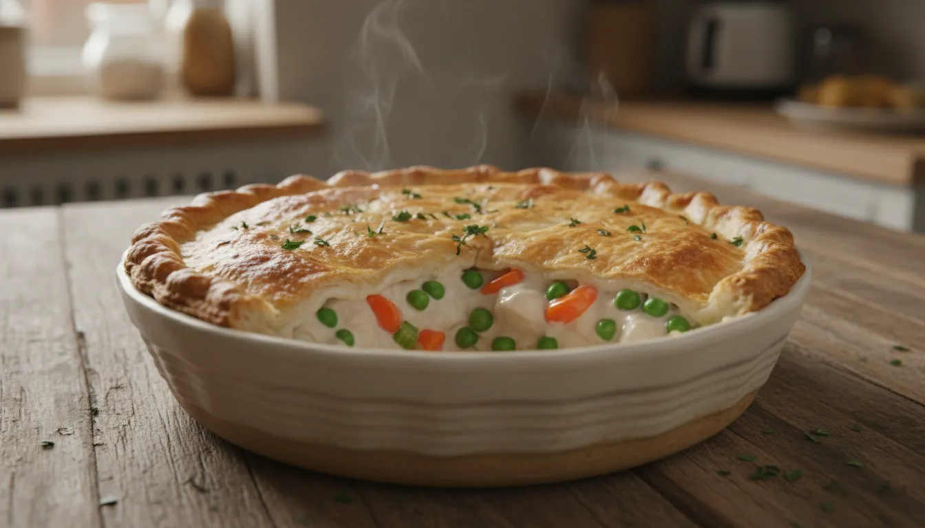 Freshly baked chicken pot pie with golden flaky crust and creamy filling showing tender chicken, carrots, peas on a rustic table
