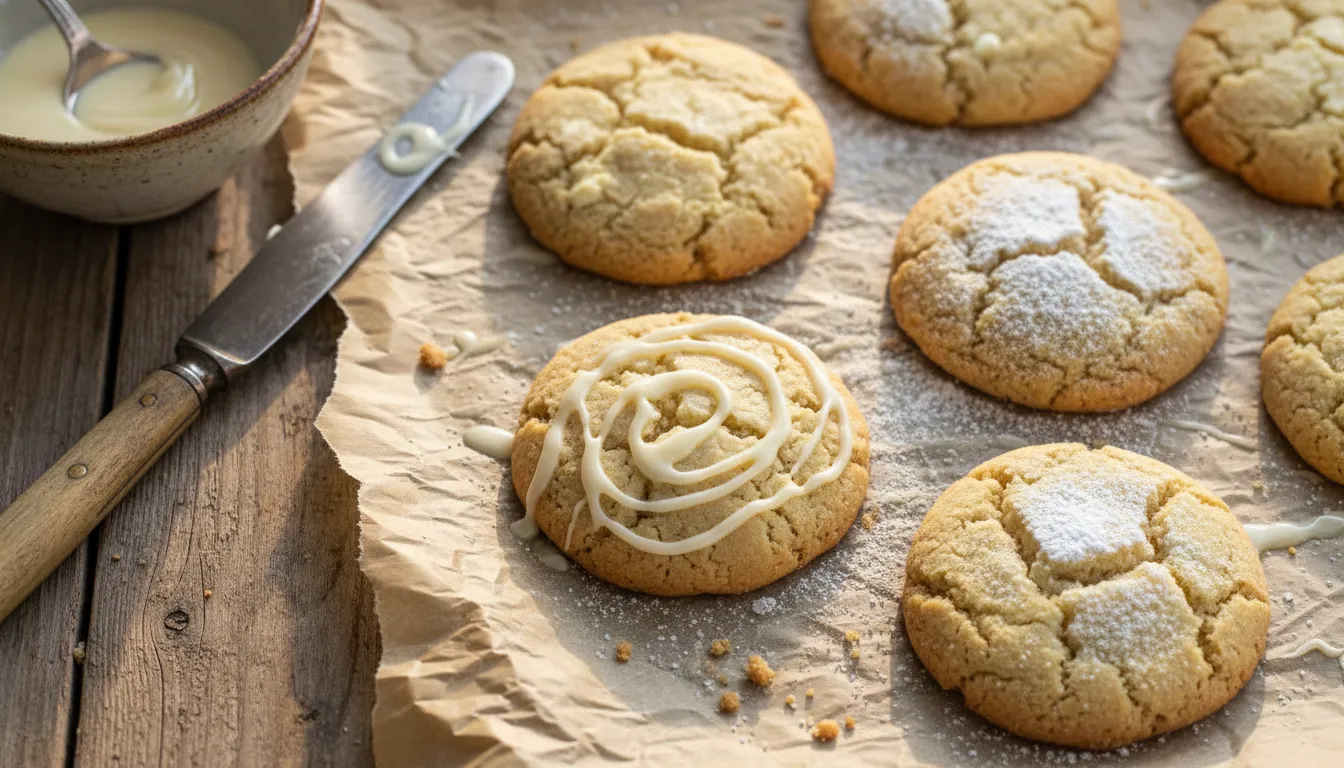 Close-up of golden cream cheese cookies on parchment, dusted with powdered sugar and drizzled with glaze in warm natural light