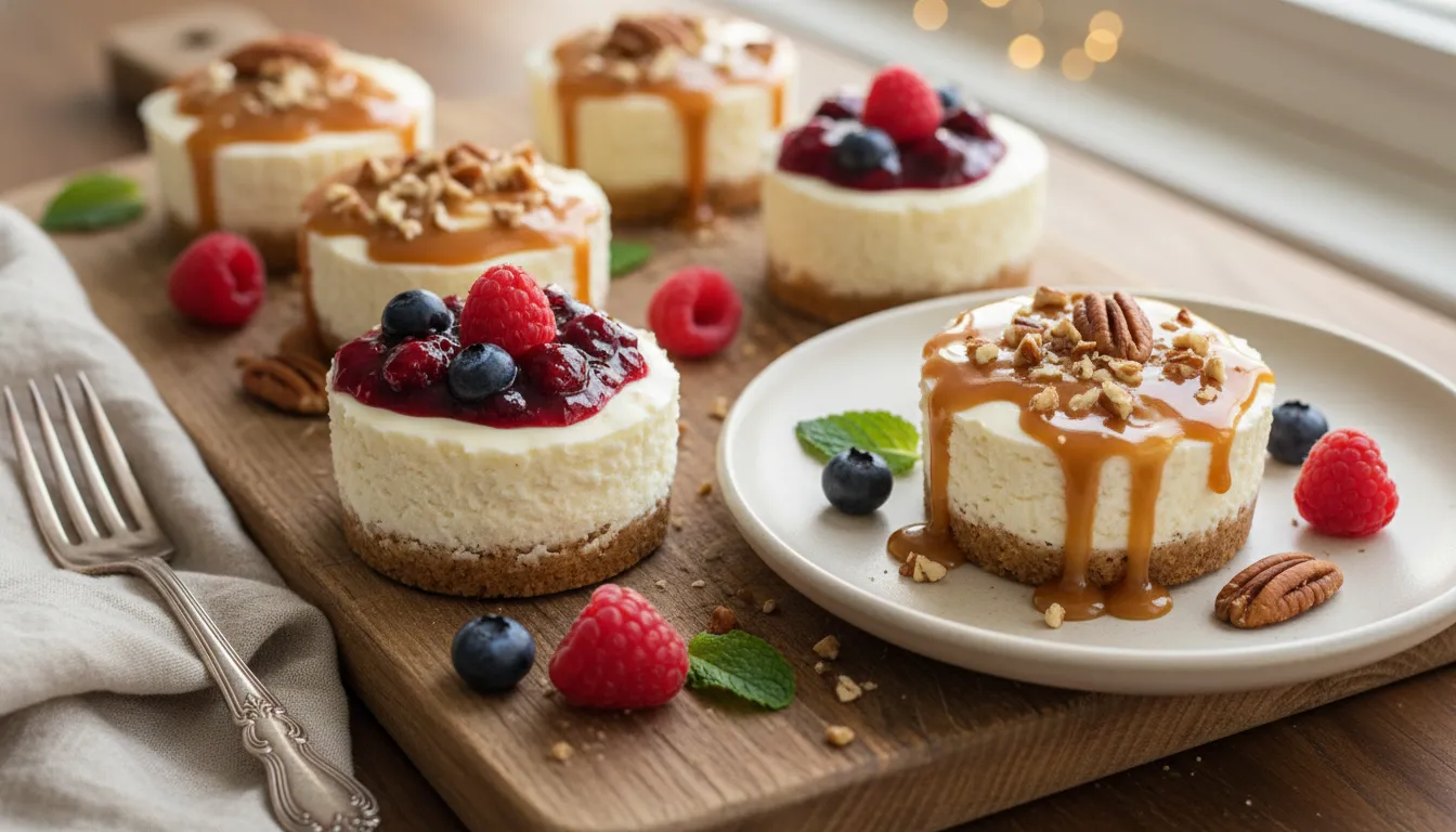 Assorted mini cheesecakes with toasted pecan-graham crusts, creamy fillings, berry compote and caramel drizzle, garnished with raspberries and mint on a rustic wooden board