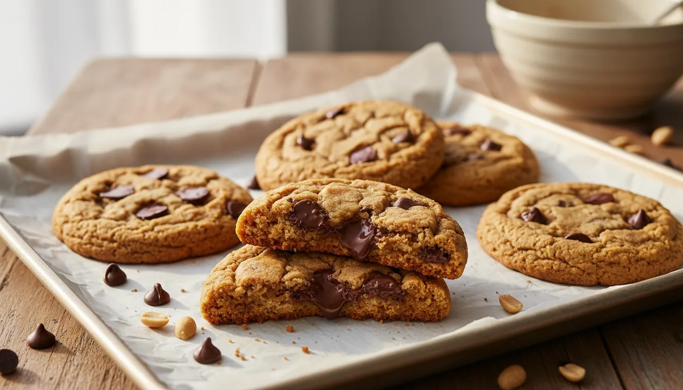 Bakery-size peanut butter chocolate chip cookies with golden edges and gooey centers on parchment