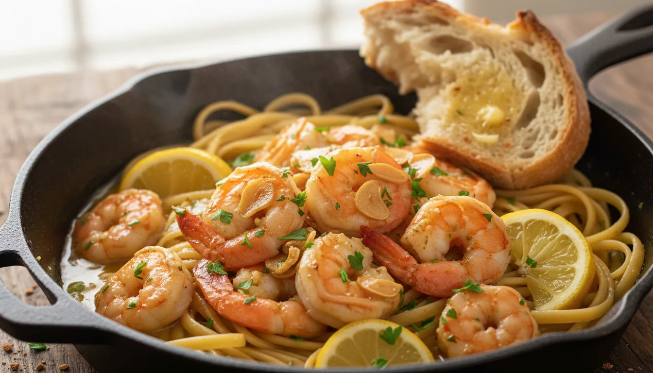 Close-up of shrimp scampi in a skillet: plump shrimp in a buttery garlic-lemon sauce with parsley, linguine and crusty bread