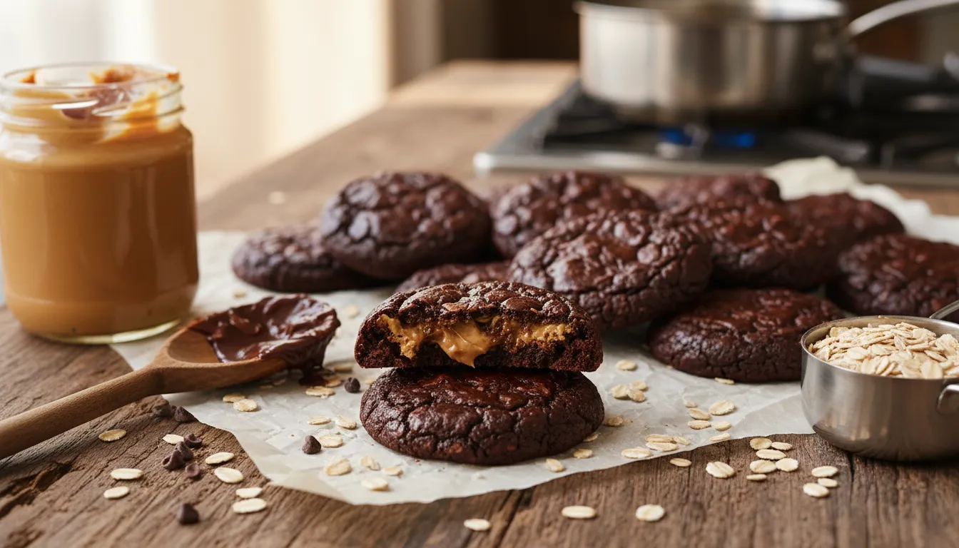 Close-up of fudgy no-bake chocolate peanut butter cookies on parchment with scattered oats and a jar of peanut butter
