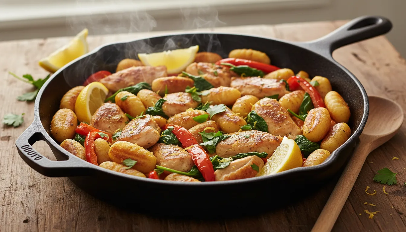Skillet of garlic chicken and golden seared gnocchi with roasted red peppers, wilted greens, lemon wedges and parsley garnish