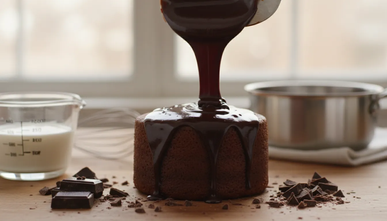 Close-up of glossy semi-sweet chocolate ganache being poured over a small cake with chopped chocolate and cream in soft-focus background