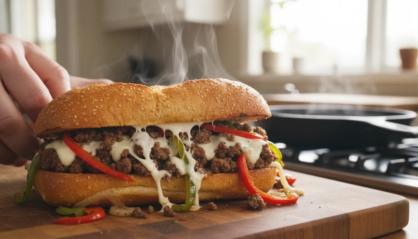 Close-up photorealistic ground beef cheesesteak with melted provolone and cream cheese, sautéed peppers and onions on a toasted roll