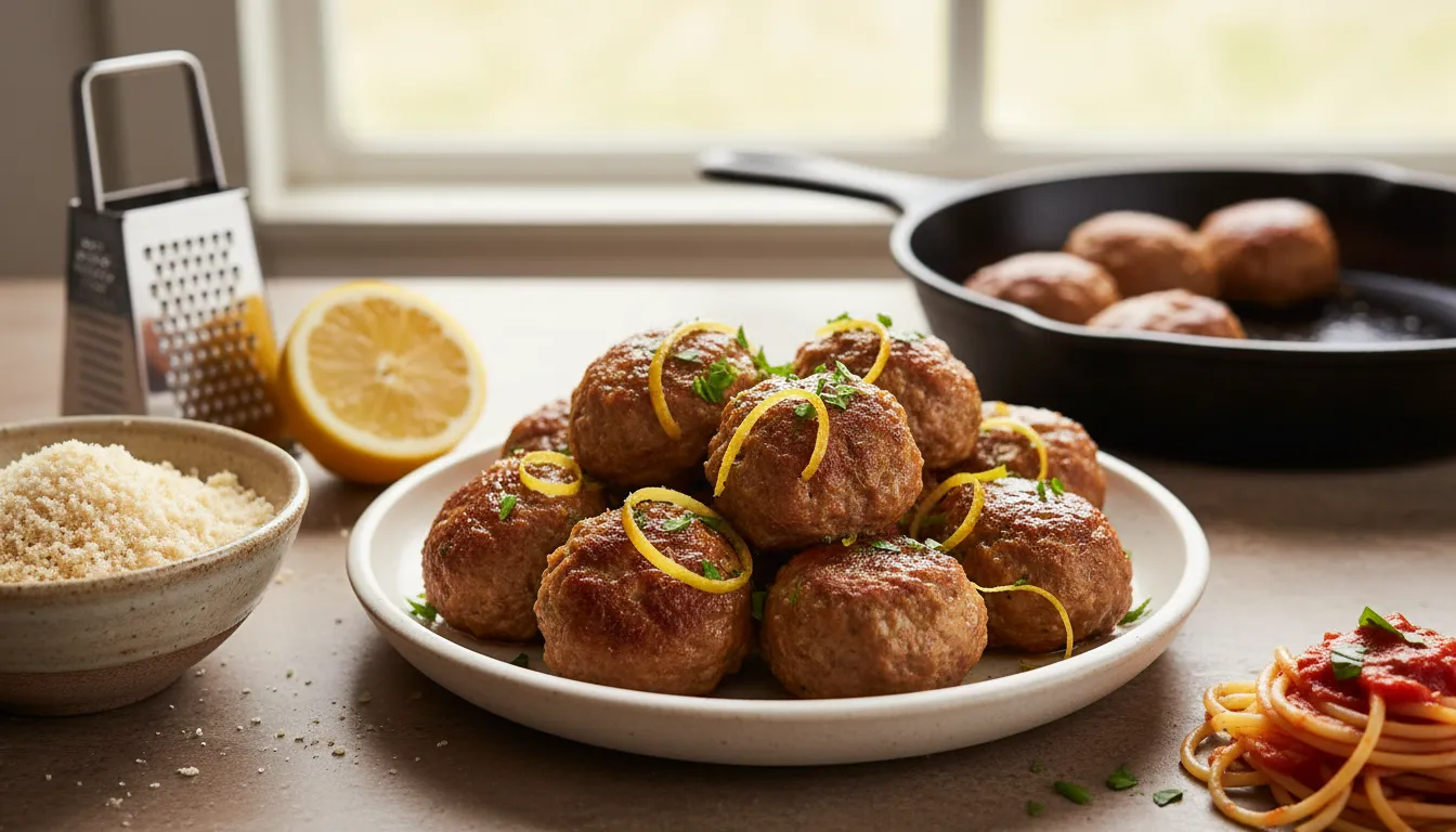 Close-up of homemade golden-brown meatballs garnished with lemon zest and parsley, with a bowl of milk-soaked panko breadcrumbs, a lemon half and a cast-iron skillet in a warm rustic kitchen setting