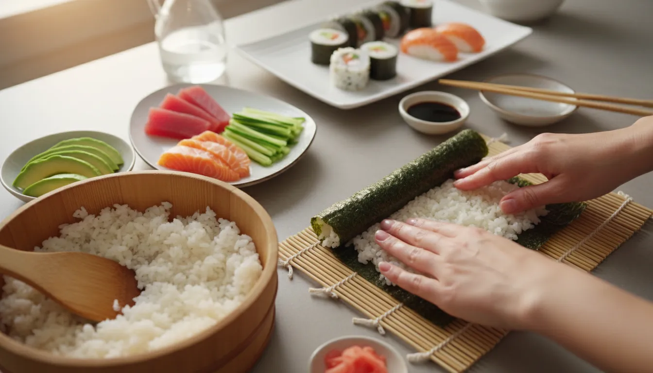 Overhead view of hands making homemade sushi: shaping seasoned rice and rolling nori on a bamboo mat with sashimi, maki rolls and nigiri on a ceramic plate.