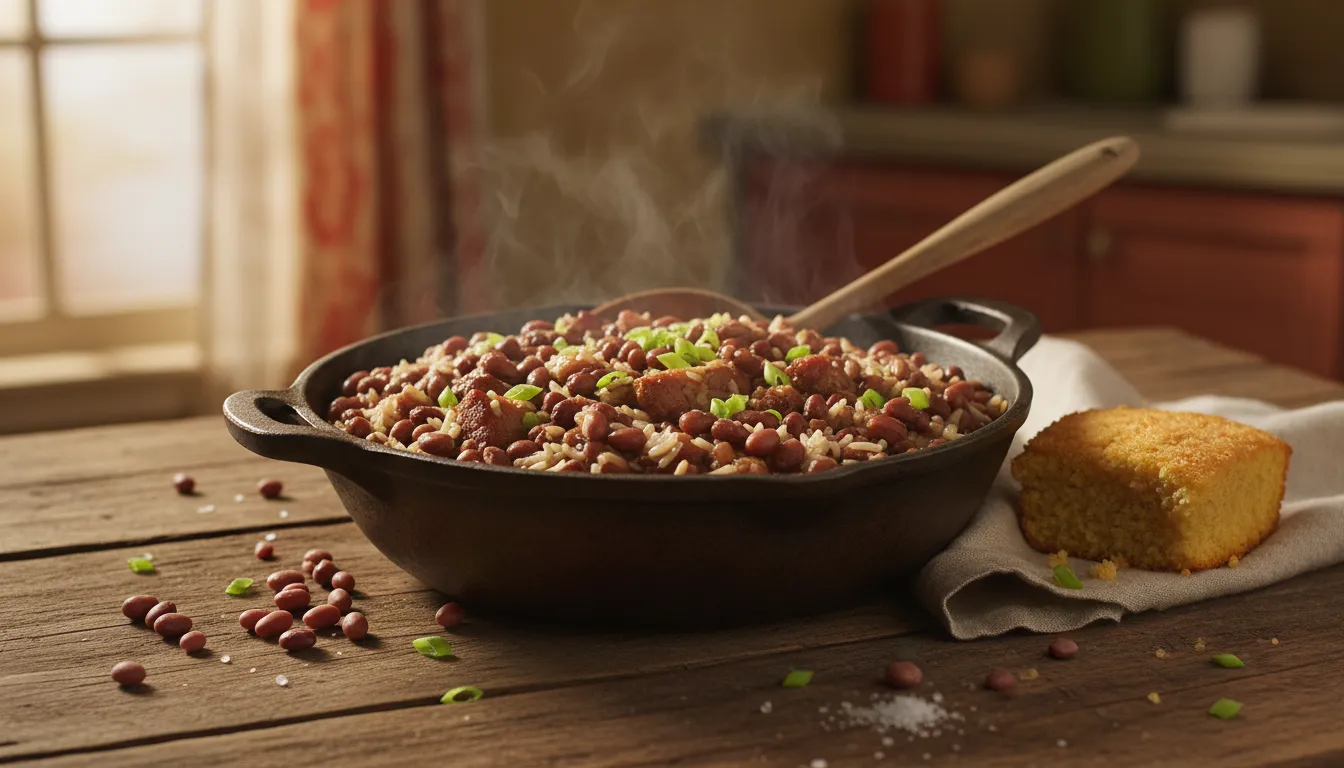 Hoppin' John made with Sea Island red peas: rustic bowl of beans and rice with smoked pork and scallions served with cornbread
