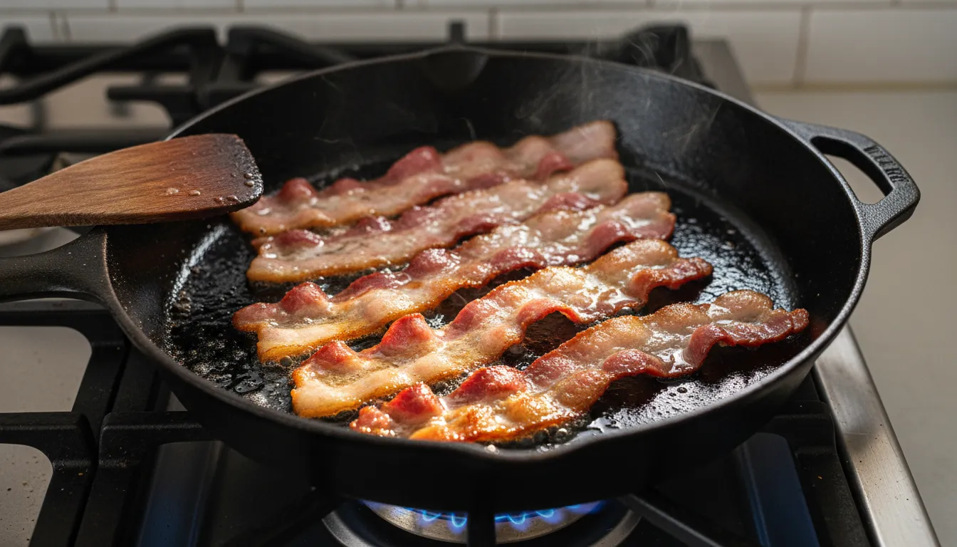 Cast-iron skillet with bacon strips at different stages of cooking—raw, partially rendered, and golden-crisp—sizzling with glistening fat and a wooden spatula at the pan edge