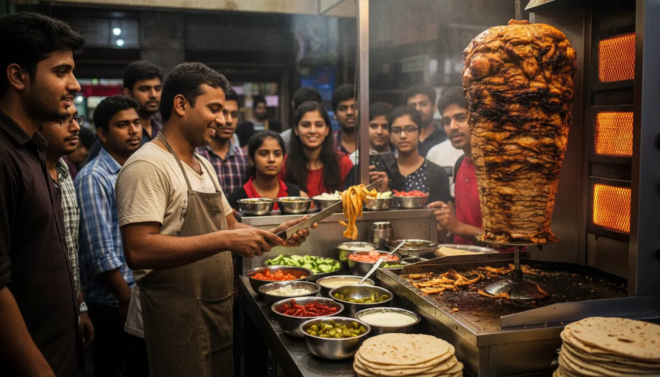 Chef slicing crispy marinated chicken from a giant vertical shawarma spit at a busy Delhi street-side shop, glowing burners and stainless-steel counter with sauces