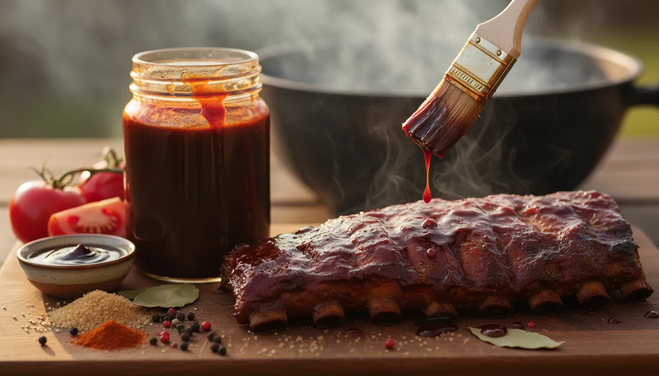 Close-up of glossy Kansas City-style BBQ sauce being brushed onto sticky glazed ribs, with a jar of sauce, tomatoes, molasses, brown sugar and a smoky grill background