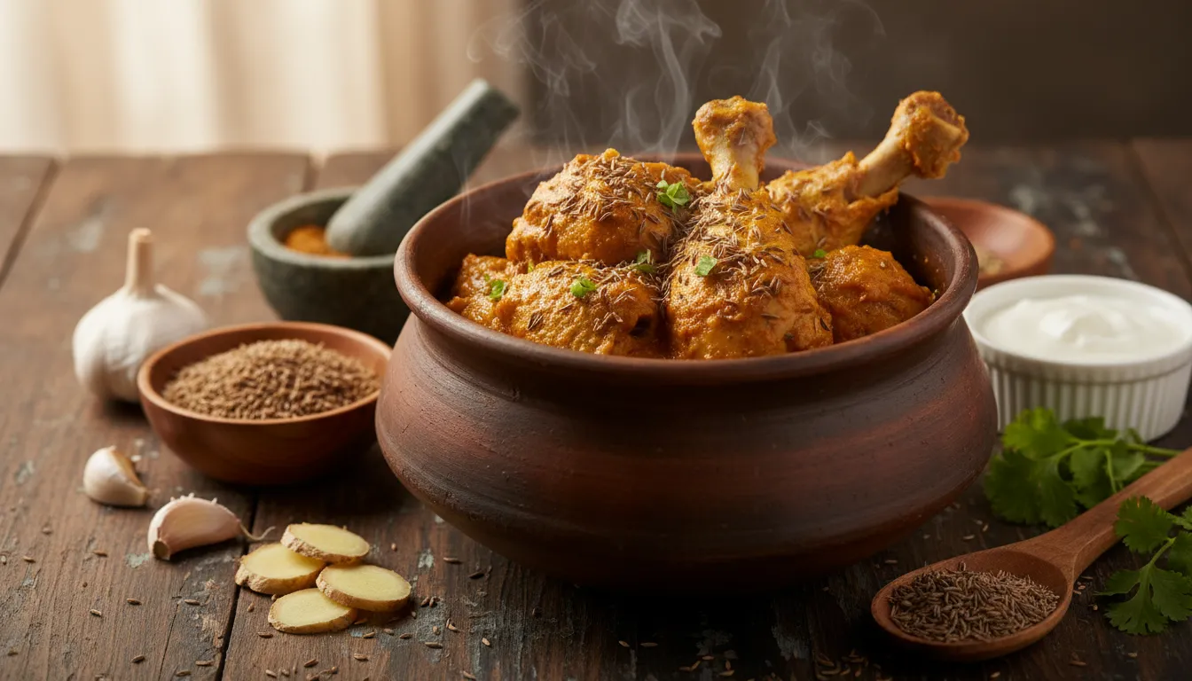 Kombdi Jira Ghalun — cumin-scented braised chicken in an earthenware pot garnished with toasted cumin and cilantro