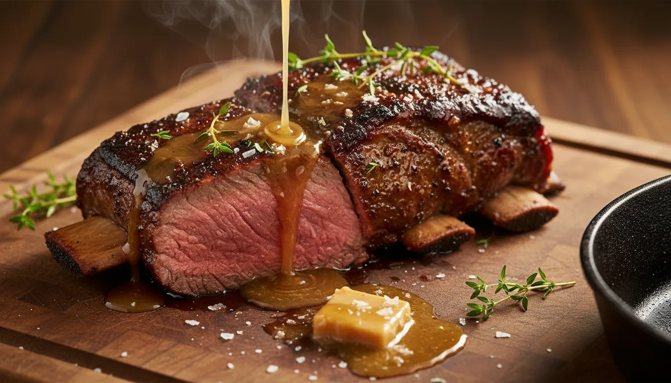 Sliced medium-rare short ribs with a seared crust and brown-butter sauce, garnished with thyme on a rustic wooden board