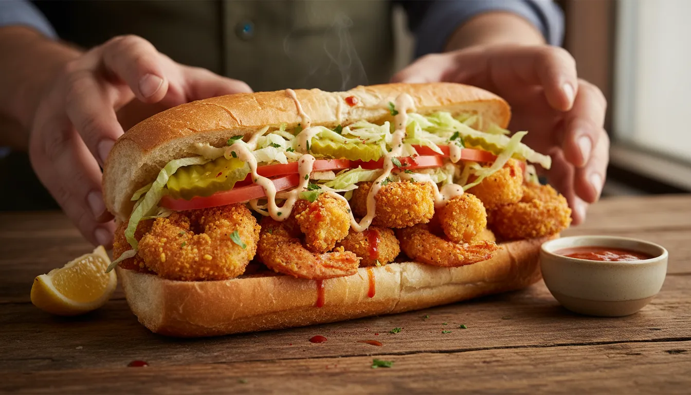 Close-up photorealistic New Orleans shrimp po-boy with crispy corn-flour-battered Gulf shrimp, shredded lettuce, tomato, pickles and remoulade on crusty French bread, served with lemon and spicy sauce
