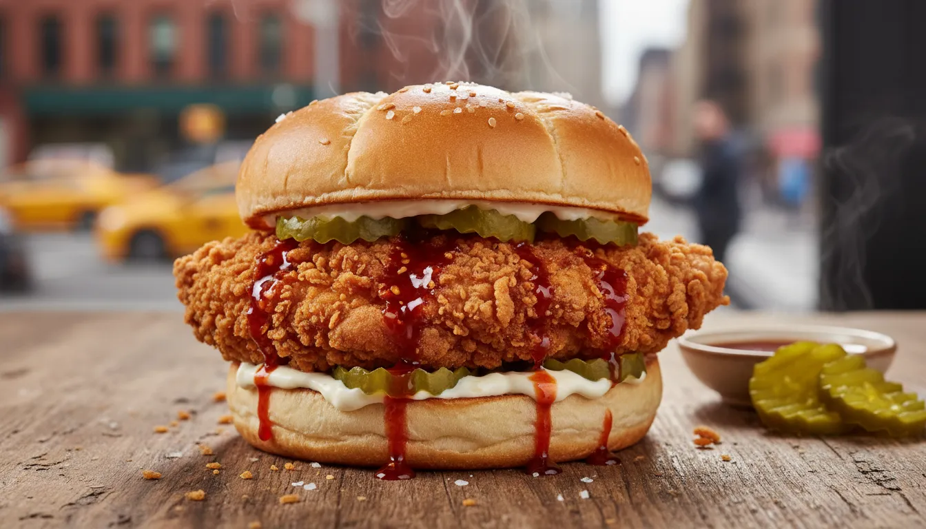 Close-up of a NYC-style fried chicken sandwich with double-fried crispy chicken, toasted brioche, chili oil, creamy mayo and pickles