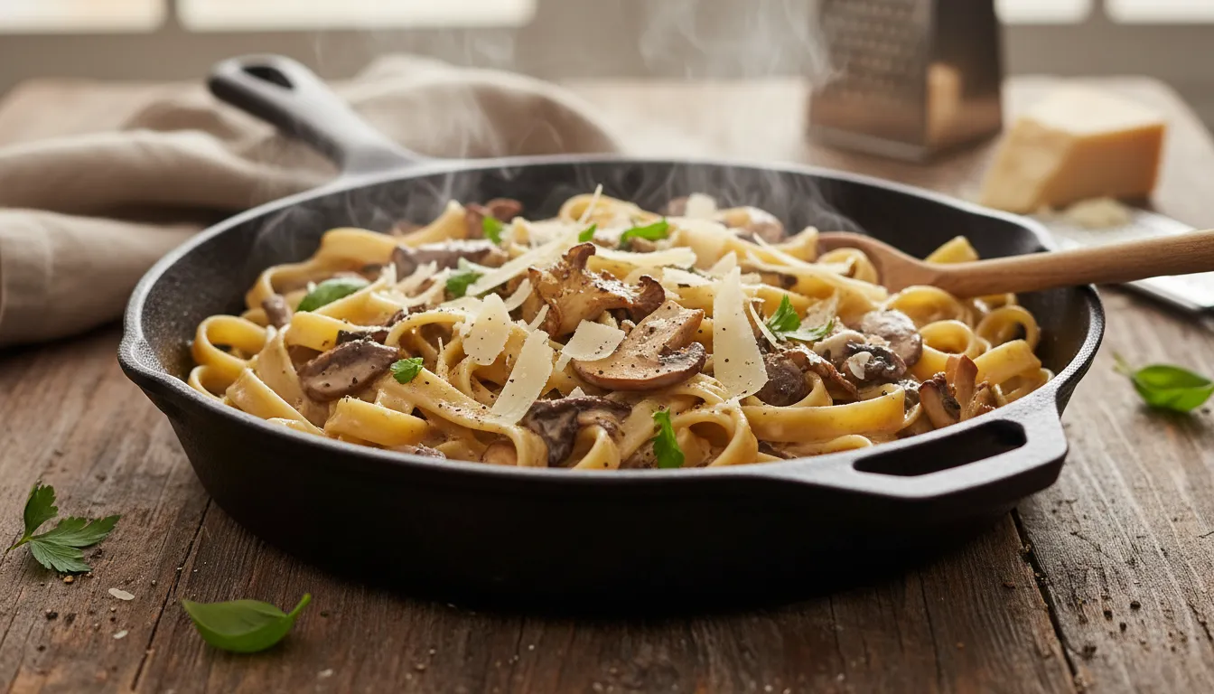 One-pot creamy mushroom pasta in a rustic skillet topped with shaved Parmesan and fresh herbs, steaming and ready to serve