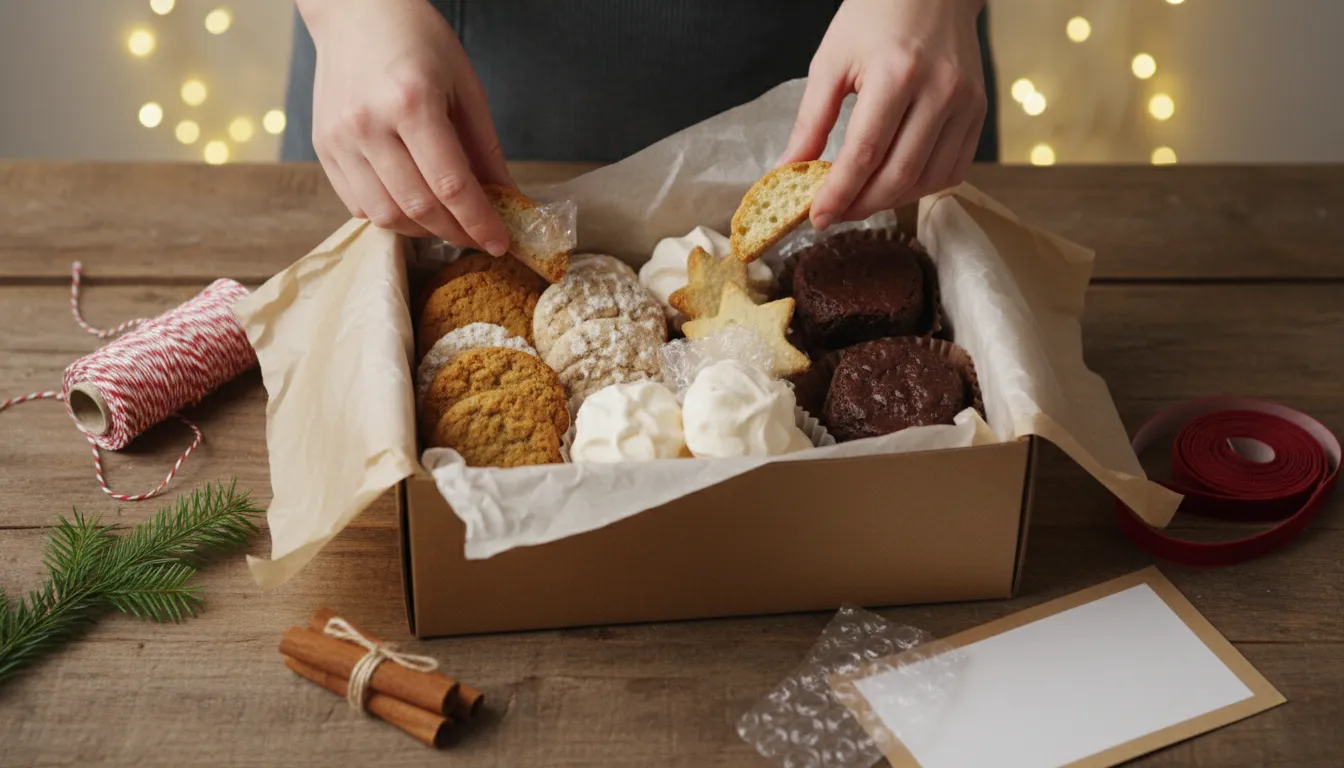 Hands packing assorted holiday cookies into a kraft shipping box with bubble wrap and festive decorations