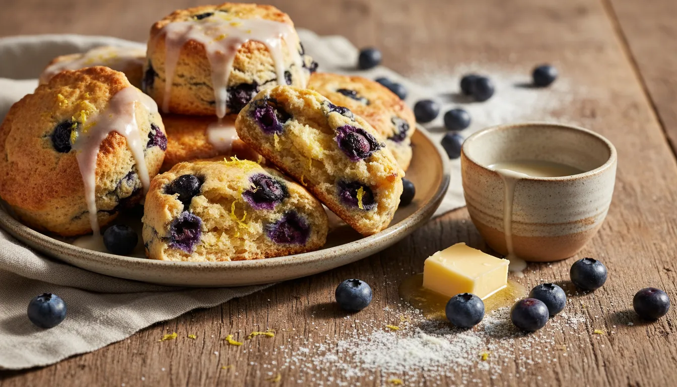 Fresh blueberry scones on a rustic plate, one split open to show tender, buttery interior with juicy berries and lemon zest, with a small bowl of glaze and scattered blueberries.