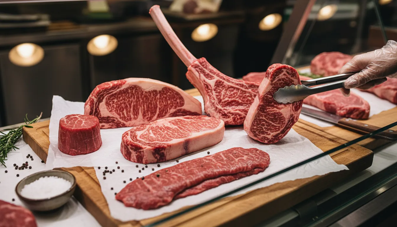 Close-up of a grocery butcher counter with various steak cuts (ribeye, filet, sirloin, flank) showing marbling and thickness; a shopper's gloved hand selects a steak beside salt, pepper, a knife and rosemary.