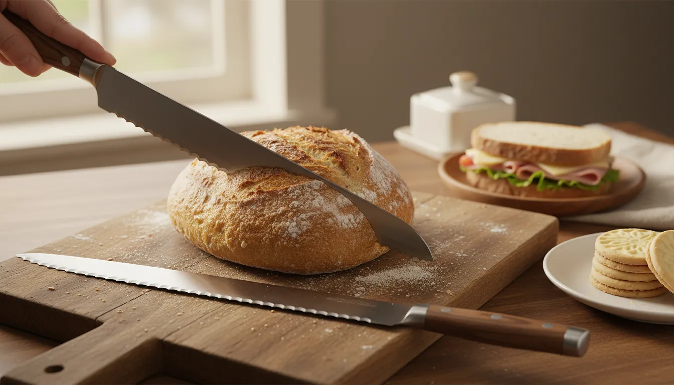 Close-up of a serrated bread knife slicing crusty sourdough on a wooden board, two other knives showing different serration and blade height, with a sandwich and shortbread nearby