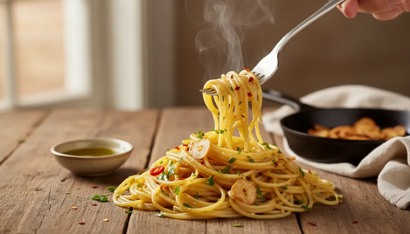 Close-up of a steaming plate of spaghetti aglio e olio with golden garlic slices, olive oil sheen, red pepper flakes and chopped parsley, fork twirling pasta on a rustic wooden table