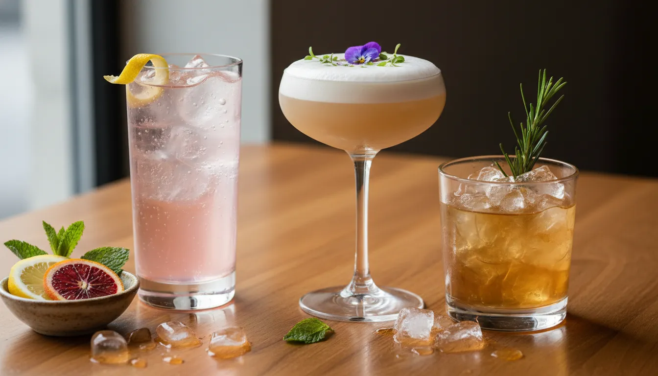 Three sophisticated nonalcoholic mocktails in clear glasses showing fizz, foam, crushed ice and herb garnishes on a wooden table