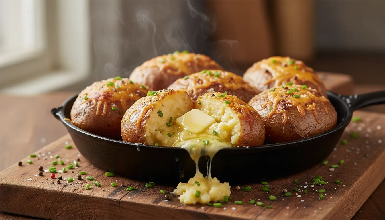Close-up of twice-baked potatoes with fluffy cheesy filling, crispy salted skins, melted butter and chopped chives on a cast-iron skillet