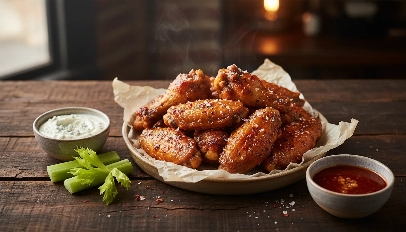 Plate of ultra-crispy buffalo chicken wings glazed in bright orange sauce with a bowl of creamy blue cheese dip, celery sticks and grated cheese on a wooden table