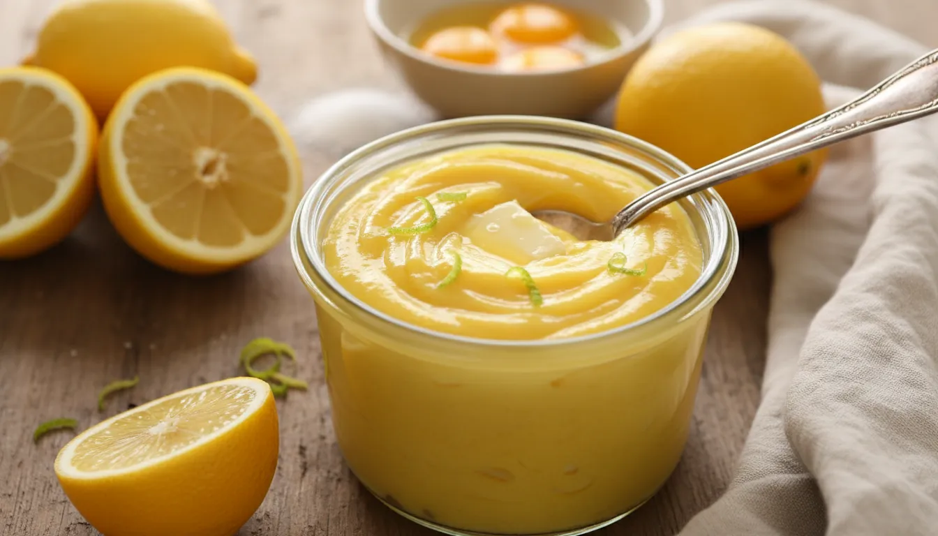Jar of velvety lemon curd with melting butter, fresh lemon halves, zest and a spoon on a rustic wooden table