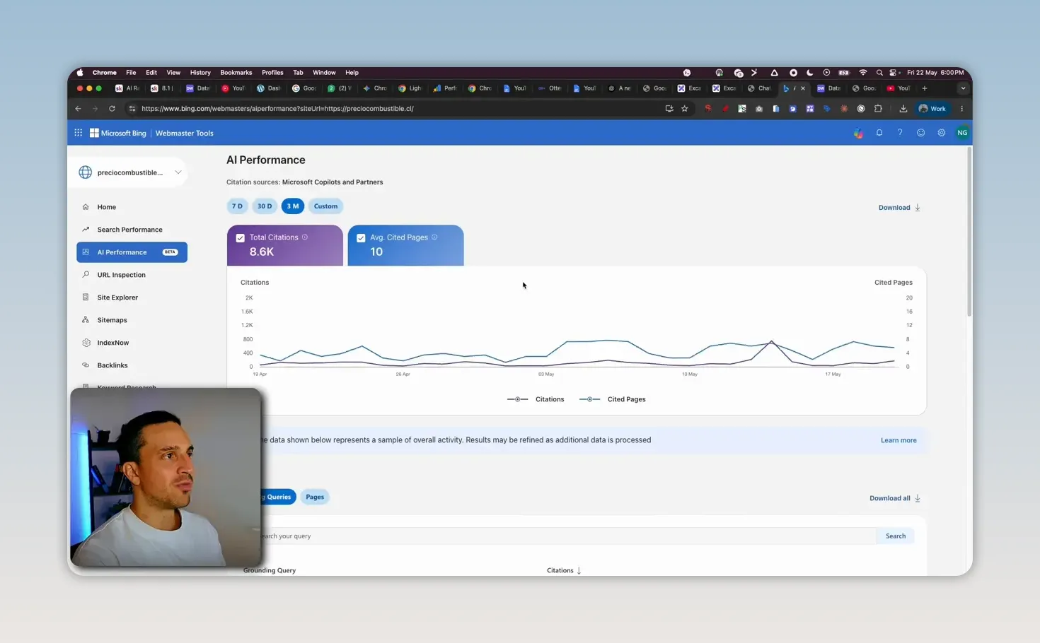 Bảng AI Performance trong Bing Webmaster Tools với biểu đồ và số liệu trích dẫn