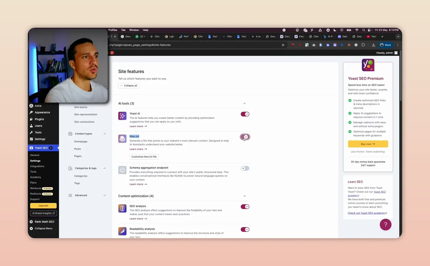 Trang cài đặt công cụ AI của Yoast SEO với các công tắc tùy chọn