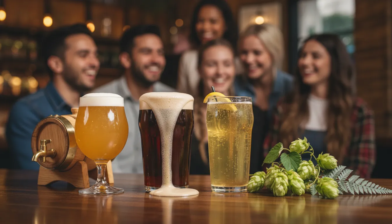 Assortiment ambachtelijke bieren op een warme bar met houten cask, verse hopconen en jonge mensen in een gezellige pub