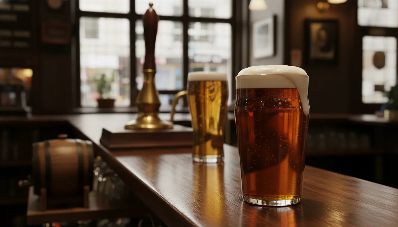 Pint glazen met koperkleurige Britse bitter en een zachtere, blekere cask ale in een klassieke Engelse pub, met warme verlichting en brouwtraditie-atmosfeer.