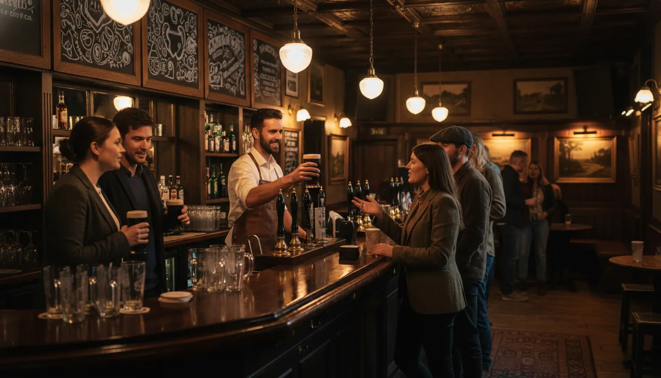 Gezellige Britse pubinterieur-scène met een bar, bartender die een pint inschenkt en klanten die netjes aan de bar in de rij staan.