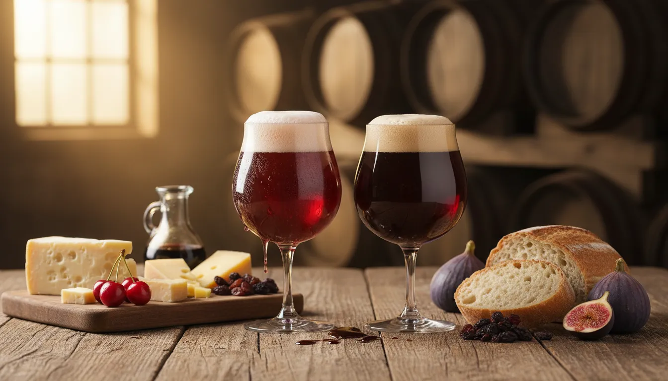 Dhá ghloine beorach aigéadach Beilgeach (Flemish Red agus Oud Bruin) ar bhord adhmaid os comhair coimeádán darach, le silíní, figí, cáis agus carafán beag balsamach