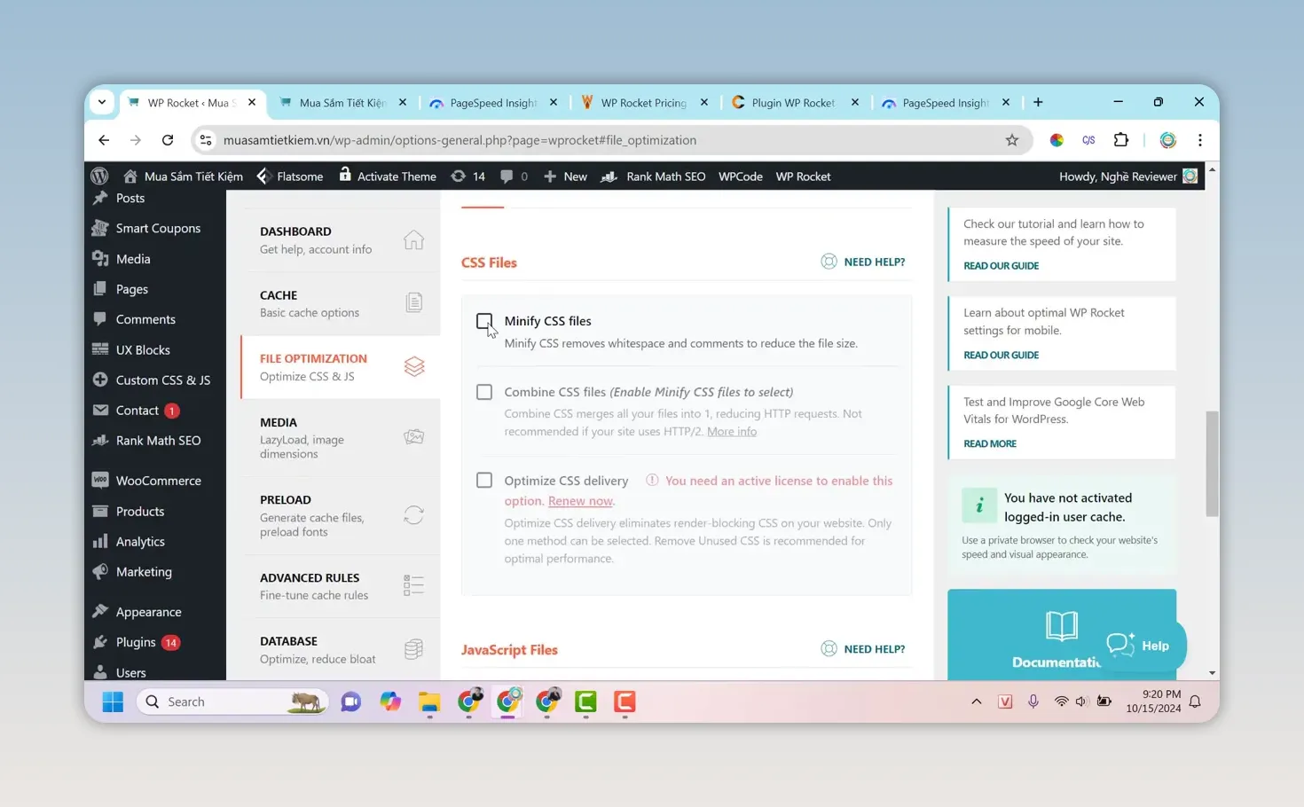 Trang File Optimization của WP Rocket với các tùy chọn tối ưu CSS và JavaScript
