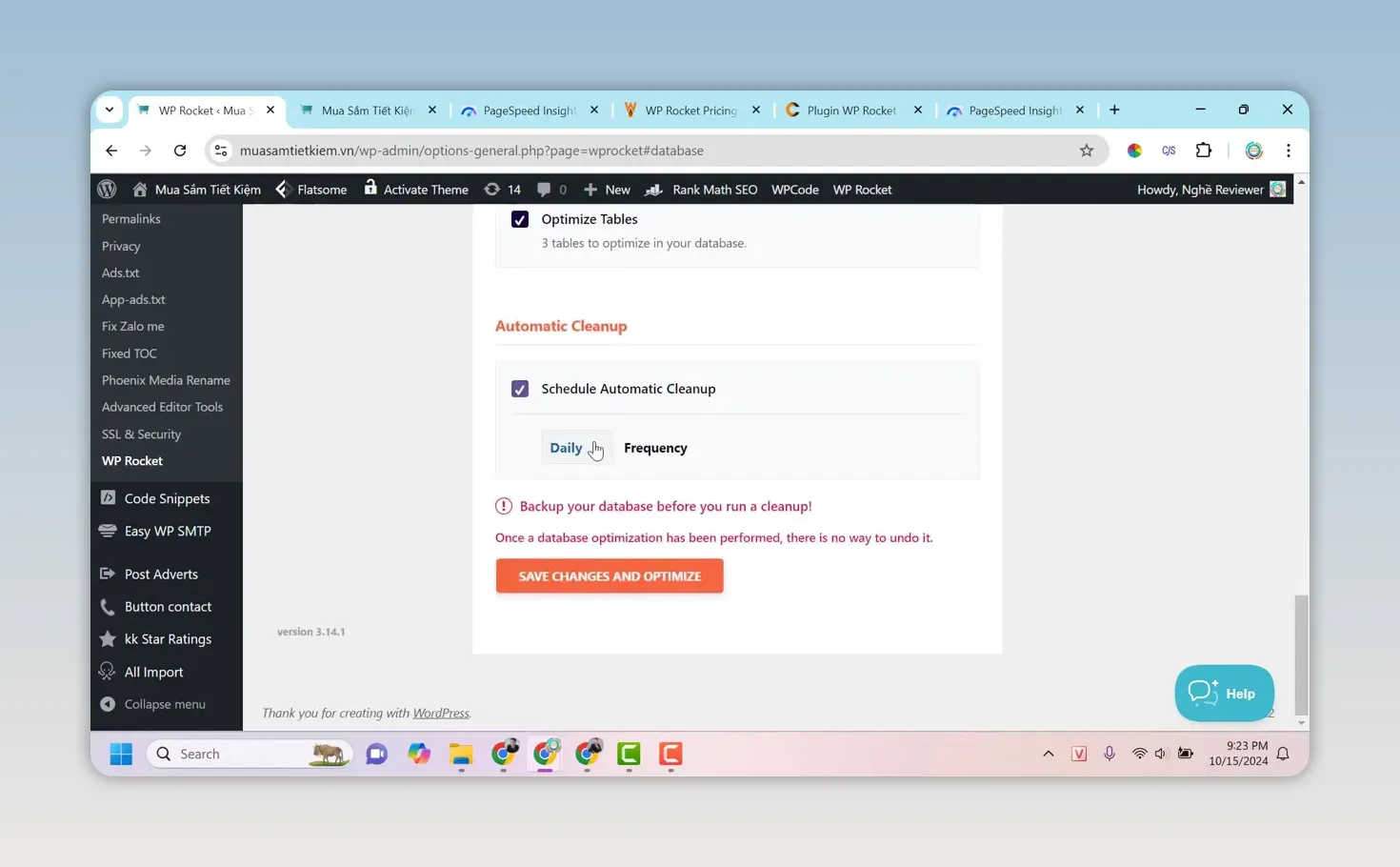 Mục Database của WP Rocket hiển thị lựa chọn dọn dẹp tự động theo tuần